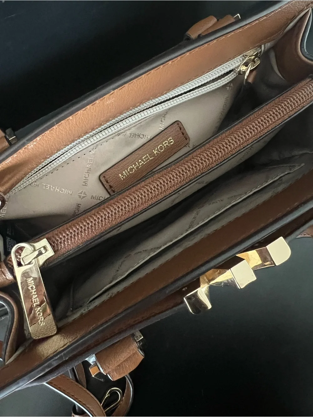 Michael Kors Brown & Tan Logo Satchel with Gold Hardware